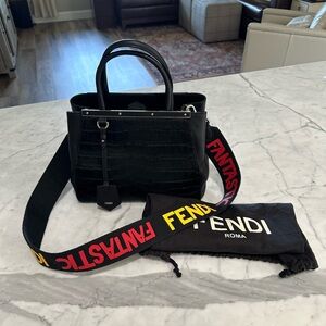 Authentic FENDI Petite 2Jours Tote Black Crocodile Embossed Pony Hair & Leather